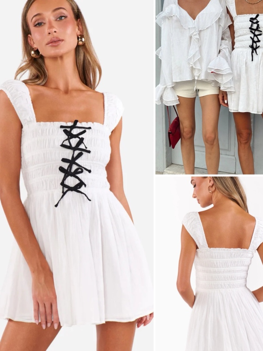 Show Me Your MuMu Mabel White Smocked Mini Dress with Black Bow Front
